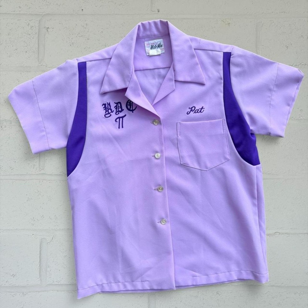 Vintage 70s Hale Niu Bowling Shirt Womens Purple Pat Embroidered Rockabilly S M
